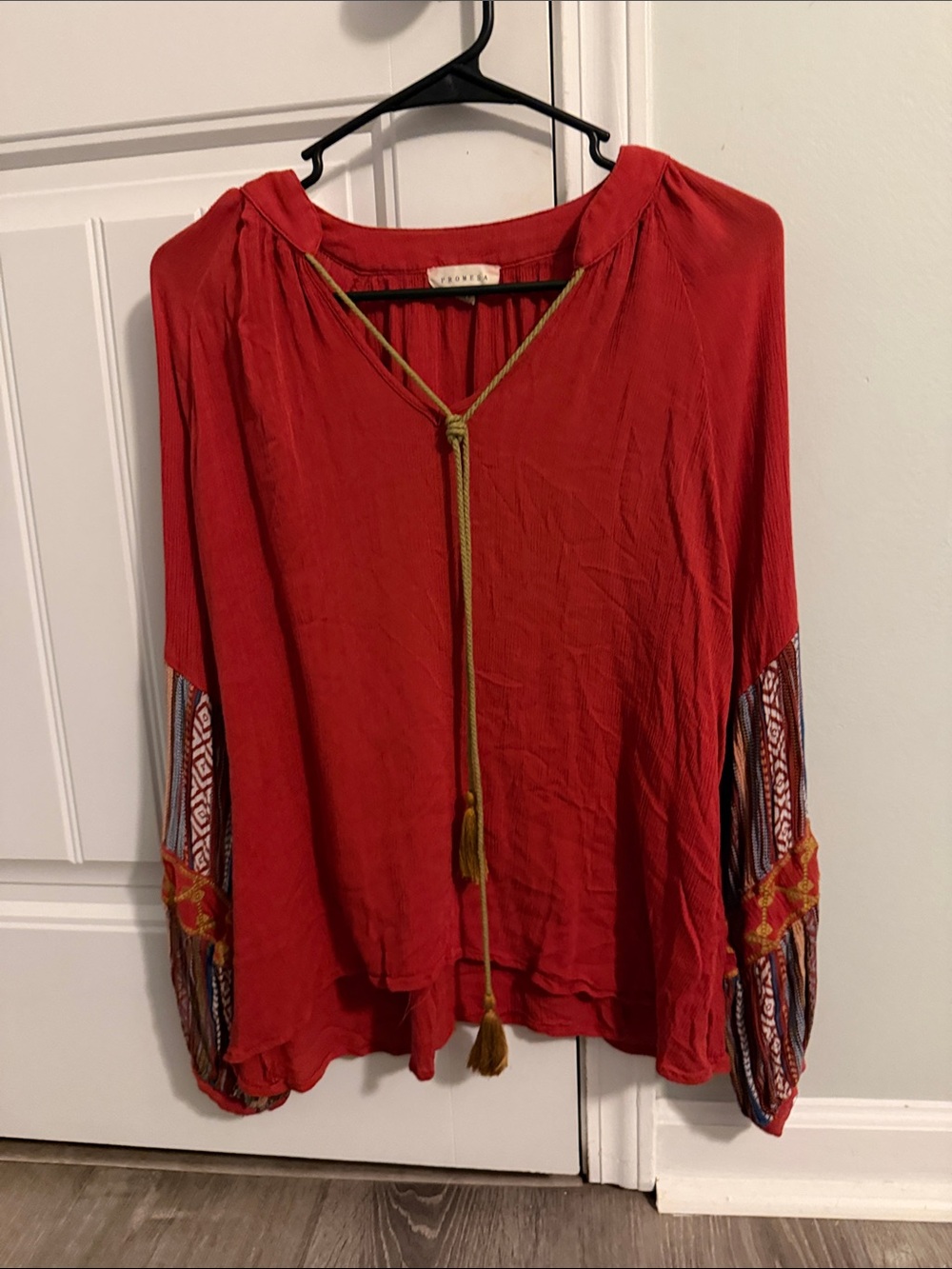Promesa Red Boho Tie-Front Peasant Blouse with Embroidered Sleeves